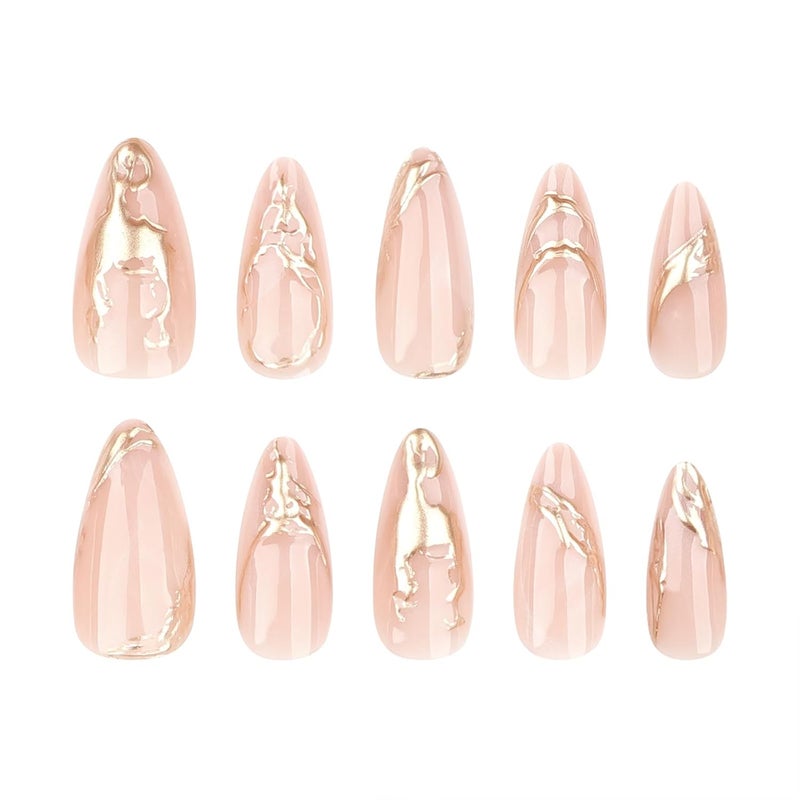SINHOT Stiletto Glue on Nails - Long, Almond Artificial Nails with Marble Ombre, 3D Gold Chrome Design - 24 pcs - Image 2